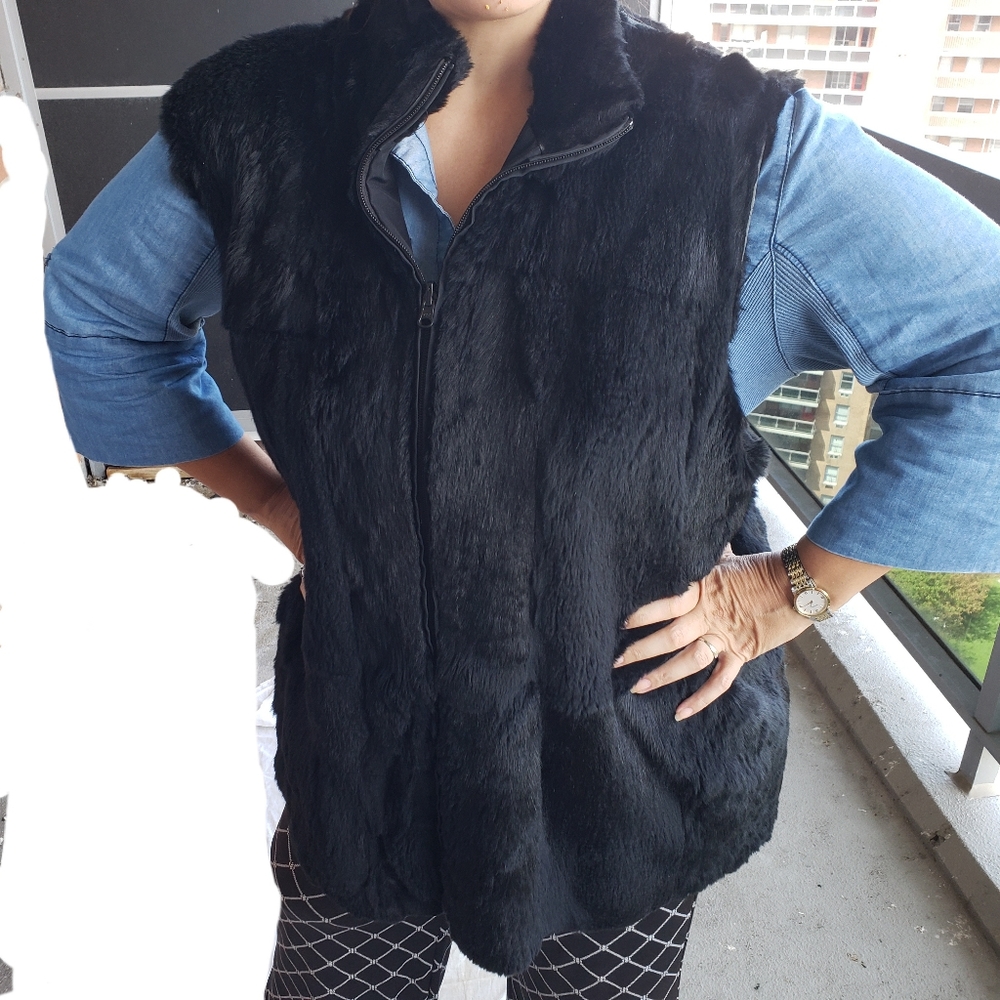 Vtg Black Brown Rabbit Fur Chubby Vest Coat lining